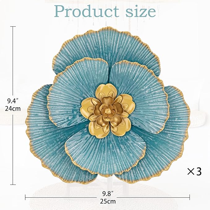 DILATATA 3 Pcs Metal Flower Wall Art Set 10 Inch Rustic Modern Floral Sculpture 3D Metal Flower Wall Hanging Accent for Indoor Living Room Bedroom Kitchen Bathroom Garden Patio Decor - Blue