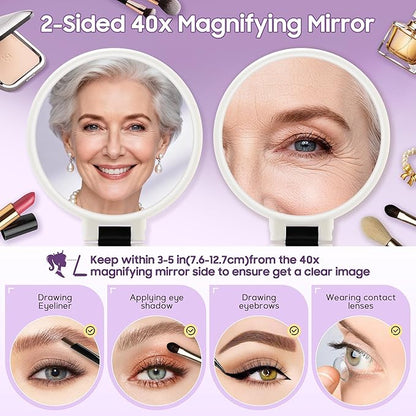 B Beauty Planet 40X Magnifying Mirror, Hand Mirror with Handle, Double Sided Hand Mirror with 40X/1X Magnification, Travel Essential Portable Foldable Makeup Mirror for Precision Makeup White