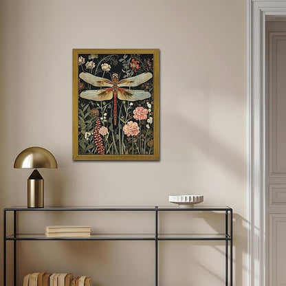 Framed Hand Drawn Sandstone Dragonfly Wall Art, Vintage 3D Textured Nature Botanical Wall Decor Pictures, Pink Flowers Print Painting for Living Room Kitchen Home Decor 12x16inch