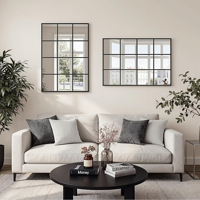 Window Pane Mirror, 28x20 Decorative Wall Mirrors, Black Metal Framed Windowpane Mirror for Farmhouse & Modern Bedroom, Living Room, Dining Room, Entryway, Fireplace Decor with Hanging or Leaning