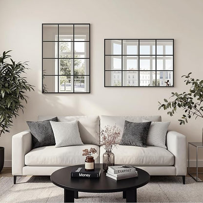 Window Pane Mirror, 28x20 Decorative Wall Mirrors, Black Metal Framed Windowpane Mirror for Farmhouse & Modern Bedroom, Living Room, Dining Room, Entryway, Fireplace Decor with Hanging or Leaning