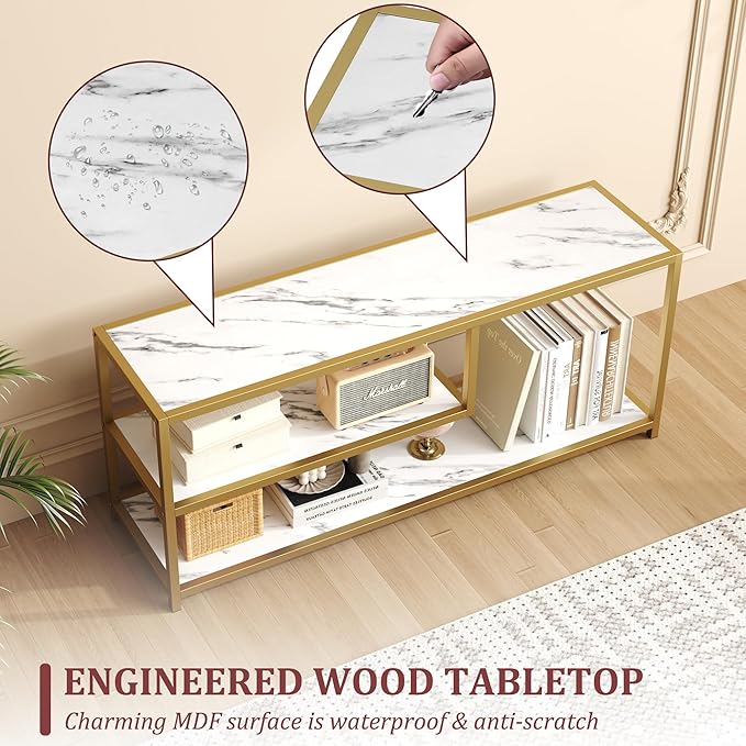 Function Home TV Stand for TVs up to 55 Inch, 3 Tier Entertainment Center, Media Console with Open Storage Shelves for Living Room Bedroom, 47” Modern TV Table with Faux Marble Top Gold Metal Leg