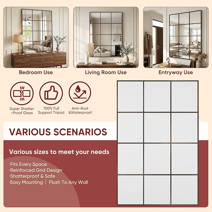 Suidia Wall Mirror, 36" x 48" Window Decorative Mirrors, Metal Framed Wall Decor Wall-Mounted Mirrors for Bedroom, Living Room, Entryway, Bronze