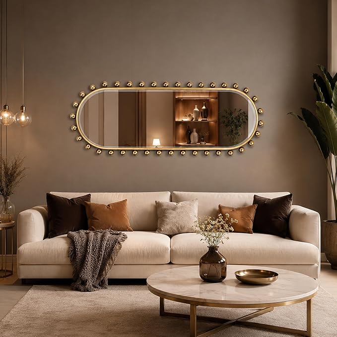 Oval Full-Length Wall Mounted Mirror 20" x 51", Antique Gold Beaded Beveled Mirror with Ball Frame, Vertical & Horizontal Hanging Wall Mirror for Bathroom, Bedroom, Dressing Room, Entryway