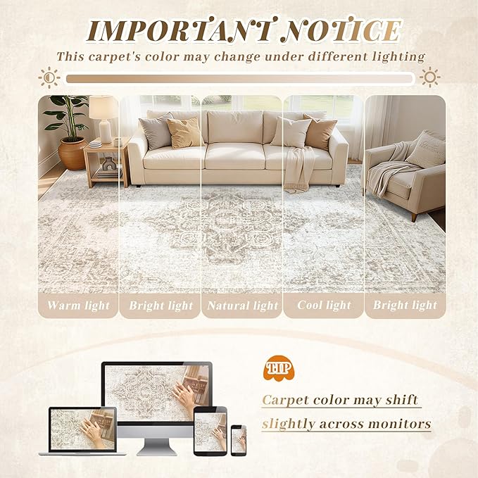 8x10 Area Rugs for Living Room, Washable Vintage Boho Neutral Medallion Rug Non Slip Low Pile Floor Carpet for Bedroom Dining Room Home Office (Beige, 8'x10')