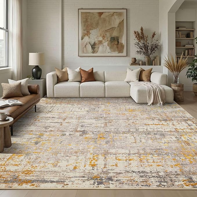 Rugxara 10x14 Extra Large Washable Area Rug, Soft Abstract Vintage Rug for Living Room, Bedroom, Office, Farmhouse, Low Pile Imitation Wool Non Slip Carpet Ideal for High-Traffic Areas, Beige Gold