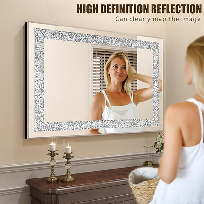 Crystal Decorative Mirror-36 x24 Gorgeous Silver Mirror, Crush Diamond Mirror for Wall Decoration Bedroom, Bathroom, Dining Room and Living Room