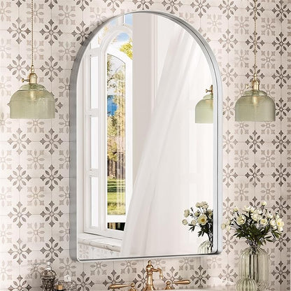 Suidia 22" x 30" Bathroom Mirror, Bathroom Vanity Mirror Metal Framed, Wall-Mounted Mirrors for Bedroom, Living Room, Entryway, Hallway, Silver, Arch Style