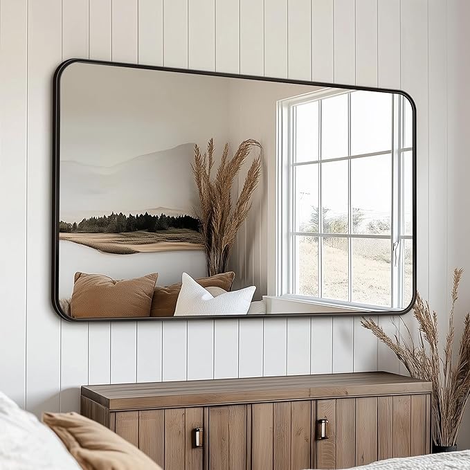 Antok 50x30 Black Metal Framed Bathroom Mirror, Wall Mirror with Round Corners, Vanity Mirror for Over Sink, Anti-Rust Tempered Glass, Horizontal/Vertical Hanging for Bathroom, Living Room, Entryway