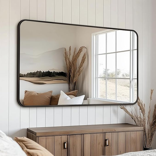 Antok 50x30 Black Metal Framed Bathroom Mirror, Wall Mirror with Round Corners, Vanity Mirror for Over Sink, Anti-Rust Tempered Glass, Horizontal/Vertical Hanging for Bathroom, Living Room, Entryway