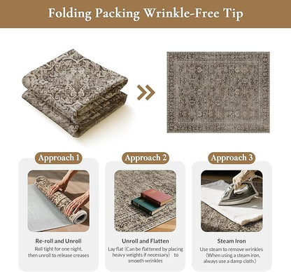 GENIMO 9x12 Area Rug Machine Washable Boho Rug for Living Room,Ultra-Thin Low Pile Carpet,Lightweight Indoor Printed Rug,Non Slip Floral Area Rug for Bedroom, Dining Room, Home Office,Brownish Green