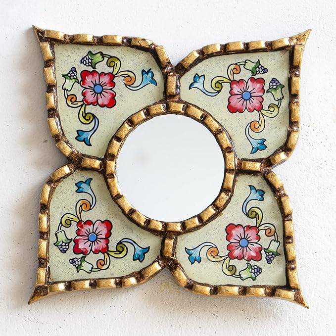 Small Peruvian Mirror, Handmade Artisan Mirror Wall Decor, Reverse Painted Glass Diamond Shape Mirrors 8.26" (Beige)