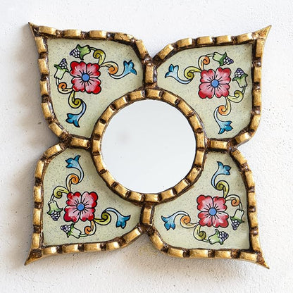 Small Peruvian Mirror, Handmade Artisan Mirror Wall Decor, Reverse Painted Glass Diamond Shape Mirrors 8.26" (Beige)