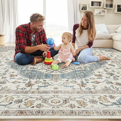 Area Rug for Living Room - 10x14 Soft Washable Oriental Vintage Floral Distressed Large Carpet - Fade Stain Resistant Non Slip Rugs for Bedroom Dining Room Nursery Dorm Office Home Decor - Blue/Beige
