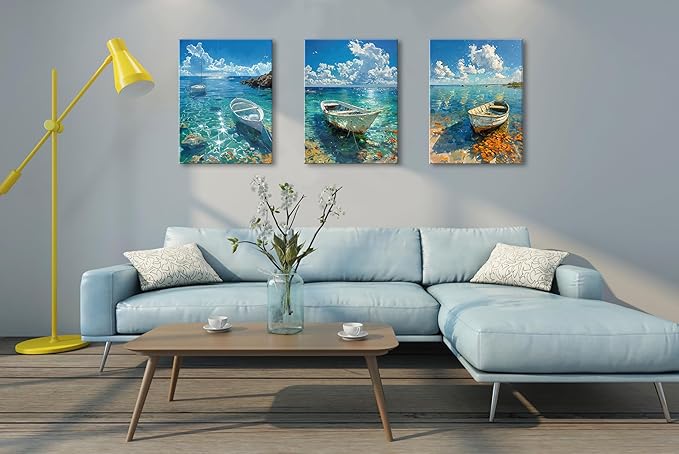 Ocean Seascape Wall Art Nautical Boat on Beach Canvas Picture Framed Art for Wall Beach Blue Paintings Modern Posters Pictures Artwork for Bathroom Living Room Home Decor 16"x24"x3