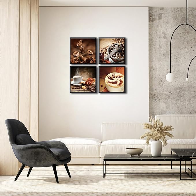 Wieco Art Black Framed 4 Panels Canvas Wall Art Coffee Bean Kitchen Canvas Prints Wall Art for Living Room Decor Bedroom Home Bathroom Wall Decor