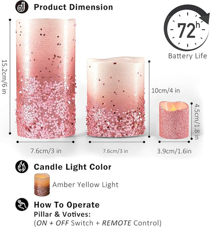 FURORA LIGHTING Pink Glitter Flameless Candles - Real Wax, Adjustable Brightness, Remote & Timer - 4 Pillars (3x4, 3x6) and 4 Votives, 8-Pack, Battery Operated
