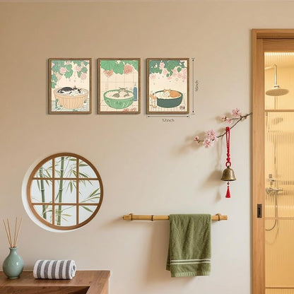 Japanese Cat Bathroom Wall Art Set of 3, Funny Cat in Bathtub Canvas Wall Decor Paintings, Vintage Japandi Cute Animal Aesthetic Poster Prints Pictures for Restroom Bathroom 12x16 Inch Framed
