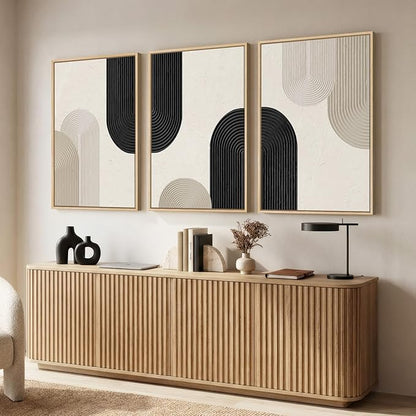 Large Framed Boho Neutral Abstract Wall Art for Living Room, 3 Piece Black and Beige Canvas Prints Artwork for Walls, Modern Minimalist Boho Geometric Wall Art Decor for Hallway Dining Room, 24x36 In
