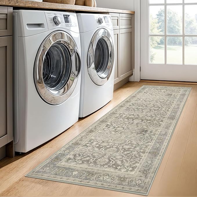 KUTA Vintage Washable Runner Rug, 2x6 Beige Runners for Hallways Non-Slip Kitchen Rugs Ultra Thin Soft Printed Oriental Floral Floor Carpet for Laundry Bedroom Living Room Nursery