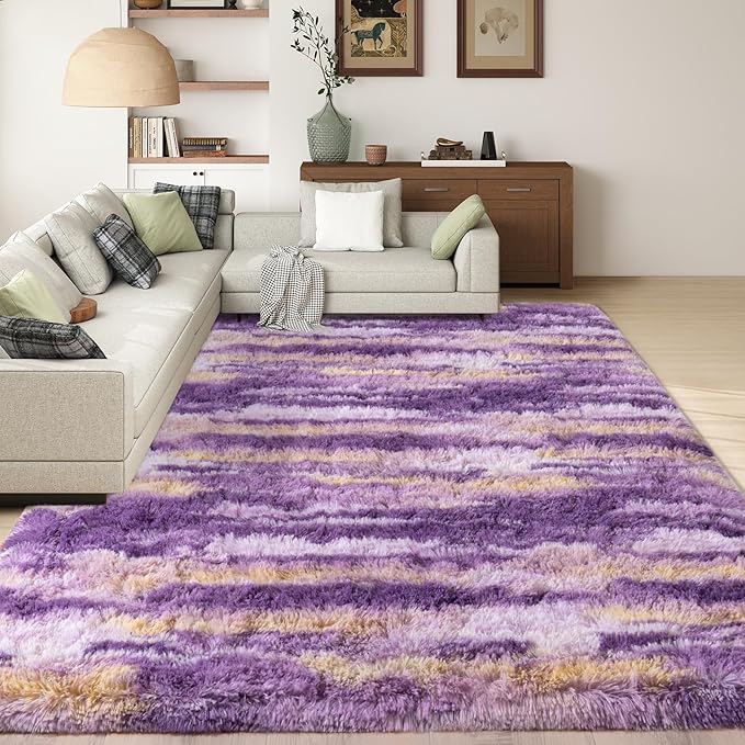 Shag Rugs for Living Room 6x9, Ultra Soft Abstract Purple Big Fuzzy Rugs for Bedroom, 6 x 9 Fluffy Shaggy Plush Carpet Girls Kids Room Dorm Upgrade Non-Slip