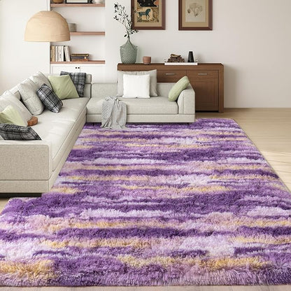 Shag Rugs for Living Room 9x12, Ultra Soft Abstract Purple Big Fuzzy Rugs for Bedroom, 9 x 12 Fluffy Shaggy Plush Carpet Girls Kids Room Dorm Upgrade Non-Slip