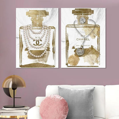 2 pieces Vintage Perfume Bottle Canvas Wall Art Modern Luxury Posters Print Fashion Glam Poster Picture for Bedroom Make up Room Home Decor 16"x24"(40x60cm)