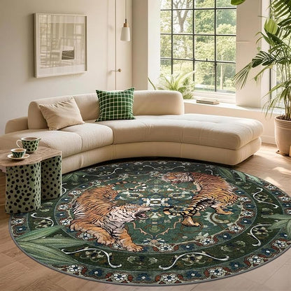 8Ft Round Tiger Washable Rugs for Living Room, Boho Green Animal Print Bedroom Circle Rugs Non Slip, Botanical Jungle Floor Carpet for Dining Room Entryway Nursery Playroom Office