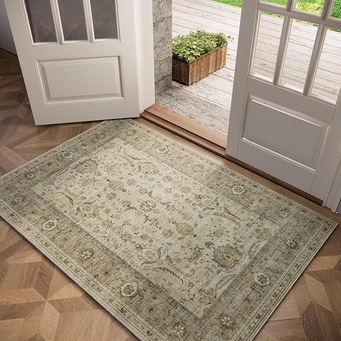 Washable 3x5 Entryway Rug, Boho Non-Slip Vintage Distress Small Rugs for Kitchen Nursery Office Bedroom, 0.3" Neutral Oriental Throw Thin Carpet with Cushioning Pad, Flaxen/Multi, B2