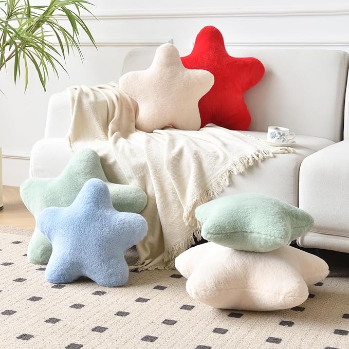 Star Pillow, Decorative Throw Pillows for Bed Couch, 15" Star Shaped Pillow Plush Floor Cushions Room Decor Pillow with Faux Rabbit Fur for Sofa Bedroom Living Room (Red, 19.6" x 19.6")