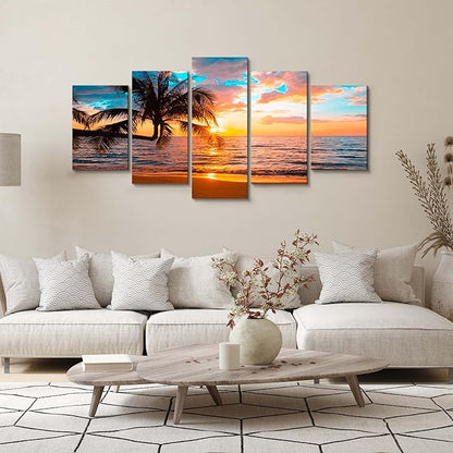 Abstract Ocean Photo Painting Poster Printed Abstract Landscape Blue Sky Screen Beautiful Ocean Beach Wall Art Canvas Print Framed Picture Painting for Room Home Decorations (C-5pcs,80"x40")