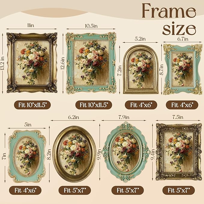 Lineshading 8 Pcs Gold and Green Picture Vintage Gallery Wall Frame Set Including 8x10, 5x7, 4x6 Antique Resin Picture Frame Collage Baroque Victorian for Wall Tabletop Display for Bedroom Living Room