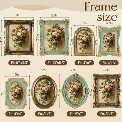 Lineshading 8 Pcs Gold and Green Picture Vintage Gallery Wall Frame Set Including 8x10, 5x7, 4x6 Antique Resin Picture Frame Collage Baroque Victorian for Wall Tabletop Display for Bedroom Living Room