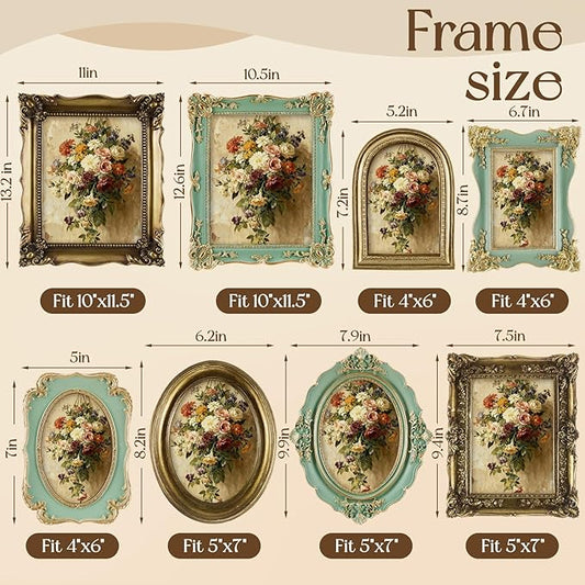 Lineshading 8 Pcs Gold and Green Picture Vintage Gallery Wall Frame Set Including 8x10, 5x7, 4x6 Antique Resin Picture Frame Collage Baroque Victorian for Wall Tabletop Display for Bedroom Living Room