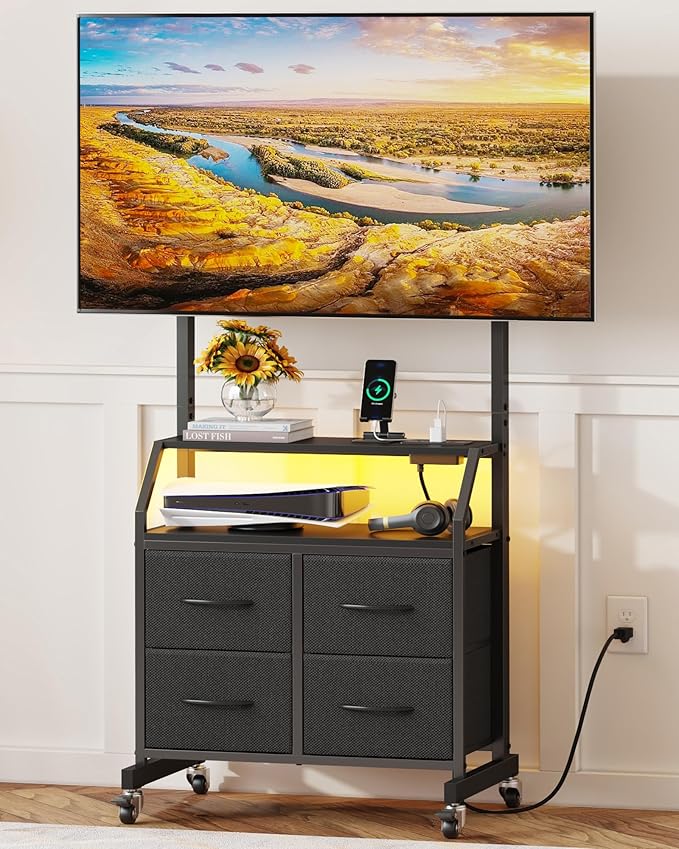 Rolling TV Stand with Mount & 4 Fabric Drawers - TV Stand with Wheels for 32-75" TV, Entertainment Center & Console Table for Living Room or Bedroom, Modern Television Stand with Storage, Black