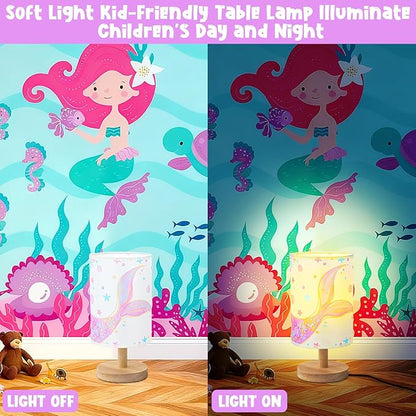 Mermaid Table Lamp for Kids Bedroom - Mermaid Tail Pastel Kids Bedside Lamp with Linen Wooden Nightstand Nursery Lampshade for Girls Room Decor