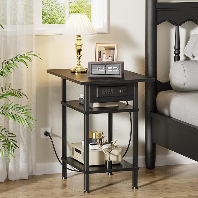Asgolion Side Table with Charging Station, Skinny Nightstand with USB Ports and Outlets, 3 Tier Narrow End Table with Storage for Bedroom, Living Room, Office, Black