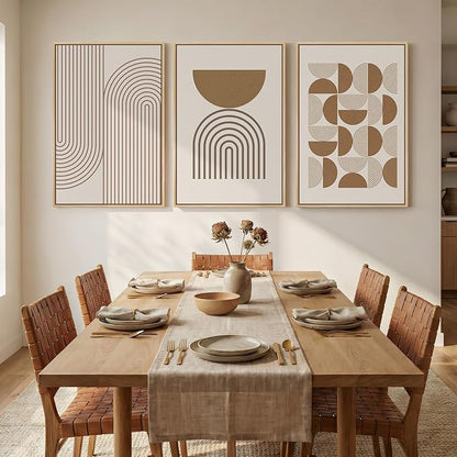 Large Framed Abstract Neutral Boho Wall Art for Living Room, 3 Piece Beige Mid Century Modern Canvas Artwork for Walls, Bauhaus Geometric Prints for Bedroom Office Dining Room Wall Decor, 24x36 Inch