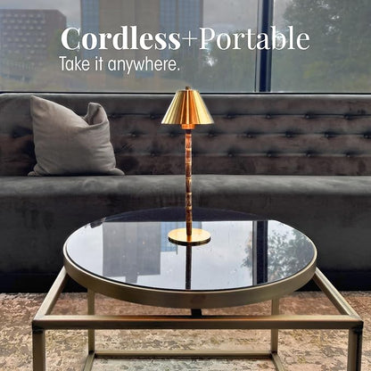 Bamboo Cordless LED Table Lamp – Rechargeable 24-Hour Battery, Dimmable Warm Light, 15" Portable Wireless Lamp with Remote for Indoor/Outdoor Use, Home, Patio, Restaurant – Polished Gold