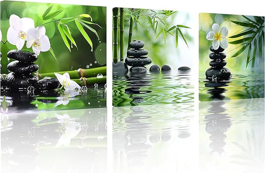 TutuBeer 3 Panels Zen Canvas Wall Art Spa Wall Art Spa Stones White Orchid Flower and Green Bamboo Pictures Prints on Canvas for Home Office Wall Decor Stretched and Framed Each Panel 20x20inch