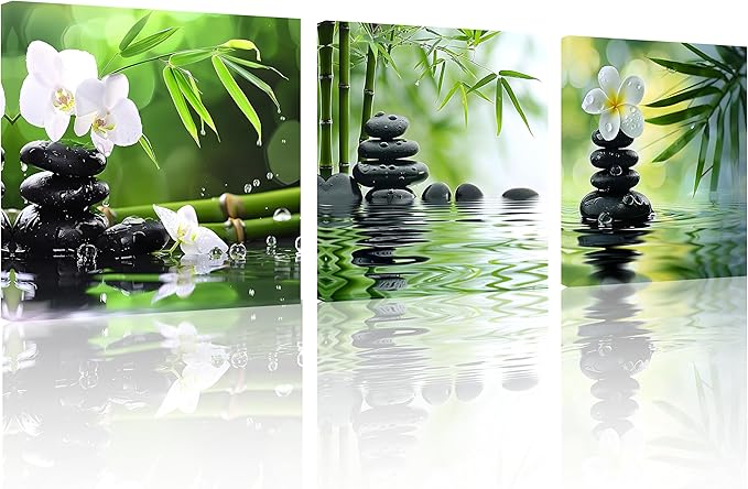 TutuBeer 3 Panels Zen Canvas Wall Art Spa Wall Art Spa Stones White Orchid Flower and Green Bamboo Pictures Prints on Canvas for Home Office Wall Decor Stretched and Framed Each Panel 16x16inch