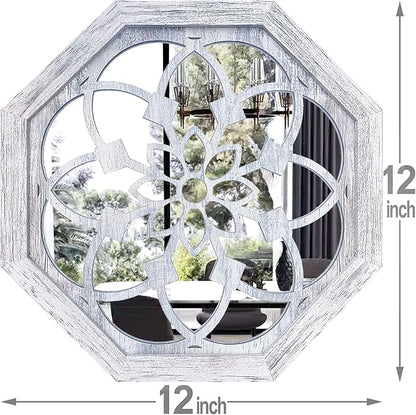 ZOLAPI 2 PCS Octagon Wall-Mounted Mirrors,Vintage Farmhouse Mirror for Wall Decor,Rustic White Color Decorative Accent Mirror for Foyer, Bathroom, Bedroom. (12”x12”)