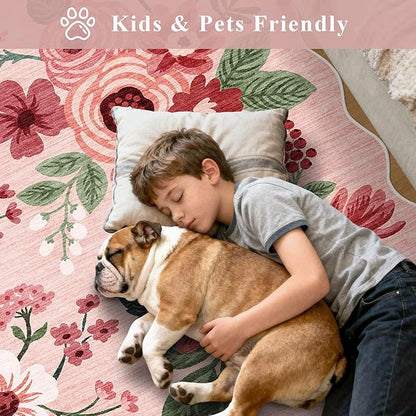 DUKINO Washable Runner Rug, 2x7 Lightweight Soft Floral Hallway Rug Runner with Low Pile Design, Non Shedding & Non Slip Backing Thin Indoor Carpet for Bedroom, Bathroom, Entrance, Kitchen, Pink