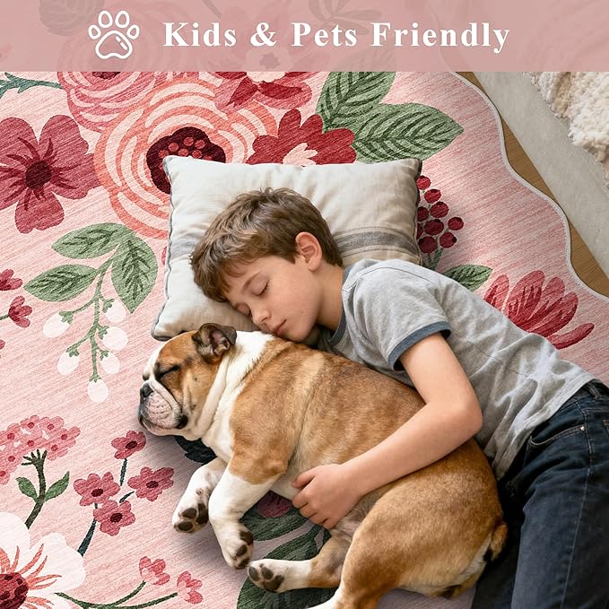DUKINO 3x10 Washable Runner Rug, Non Slip Floral Ultra Soft Runner for Hallway, Lightweight Low Pile & Stain Resistant Long Throw Carpet for Kitchen, Bathroom, Entrance, Bedroom, Kids Room, Pink