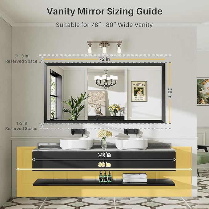 Briivue 72x36 Inch Black Bathroom Mirror for Wall, Thick Metal Framed Rectangle Mirrors for Over Sink, Bedroom, Living Room, Entryway, Anti-Rust, HD Tempered Glass