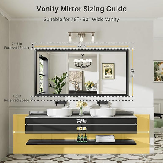 Briivue 72x36 Inch Black Bathroom Mirror for Wall, Thick Metal Framed Rectangle Mirrors for Over Sink, Bedroom, Living Room, Entryway, Anti-Rust, HD Tempered Glass