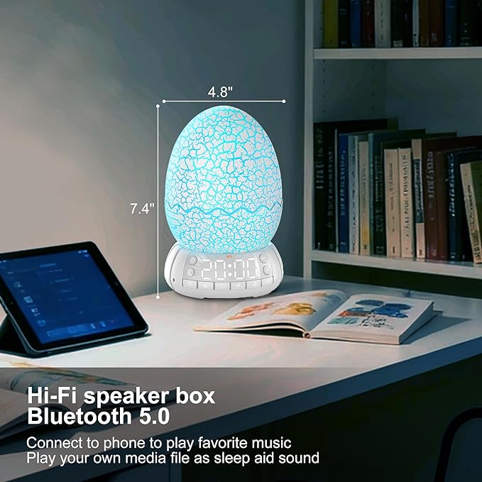 Dinosaur Egg Kids Clock/Decorative Lamp/Night Light/Bluetooth Speaker/White Noise Lullaby Machine 4 in1, 11 Colors Touch, Creative Gifts for Boys/Girls/Adult
