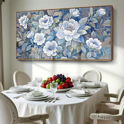 Large Framed Modern Blue Gray And White Wall Art For Living Room, Botanical Landscape Canvas Prints, Blooming Flower Pictures For Bedroom, Bathroom, Dining Room, Hallway 48X24