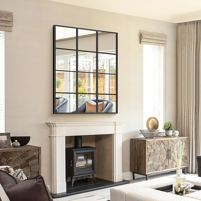 YIROMAN Window Pane Mirror, 36x48 Inch Black Rectangular Decorative Wall Mirror, Large Window Metal Framed Mirrors for Bedroom Living Room Fireplace Entryway, Hanging or Leaning Against Wall