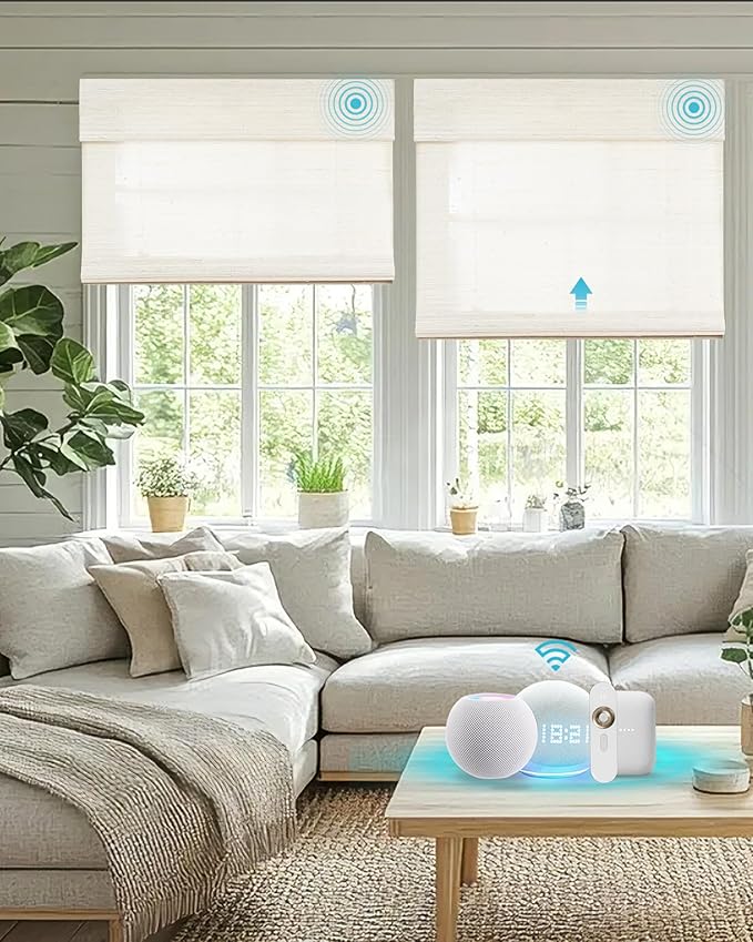 Motorized Bamboo Roman Blinds with Remote, Woven Roman Shades Compatible with Alexa Google Home, Automatic Bamboo Blind for Indoor Windows CustomSize(Dune Line)